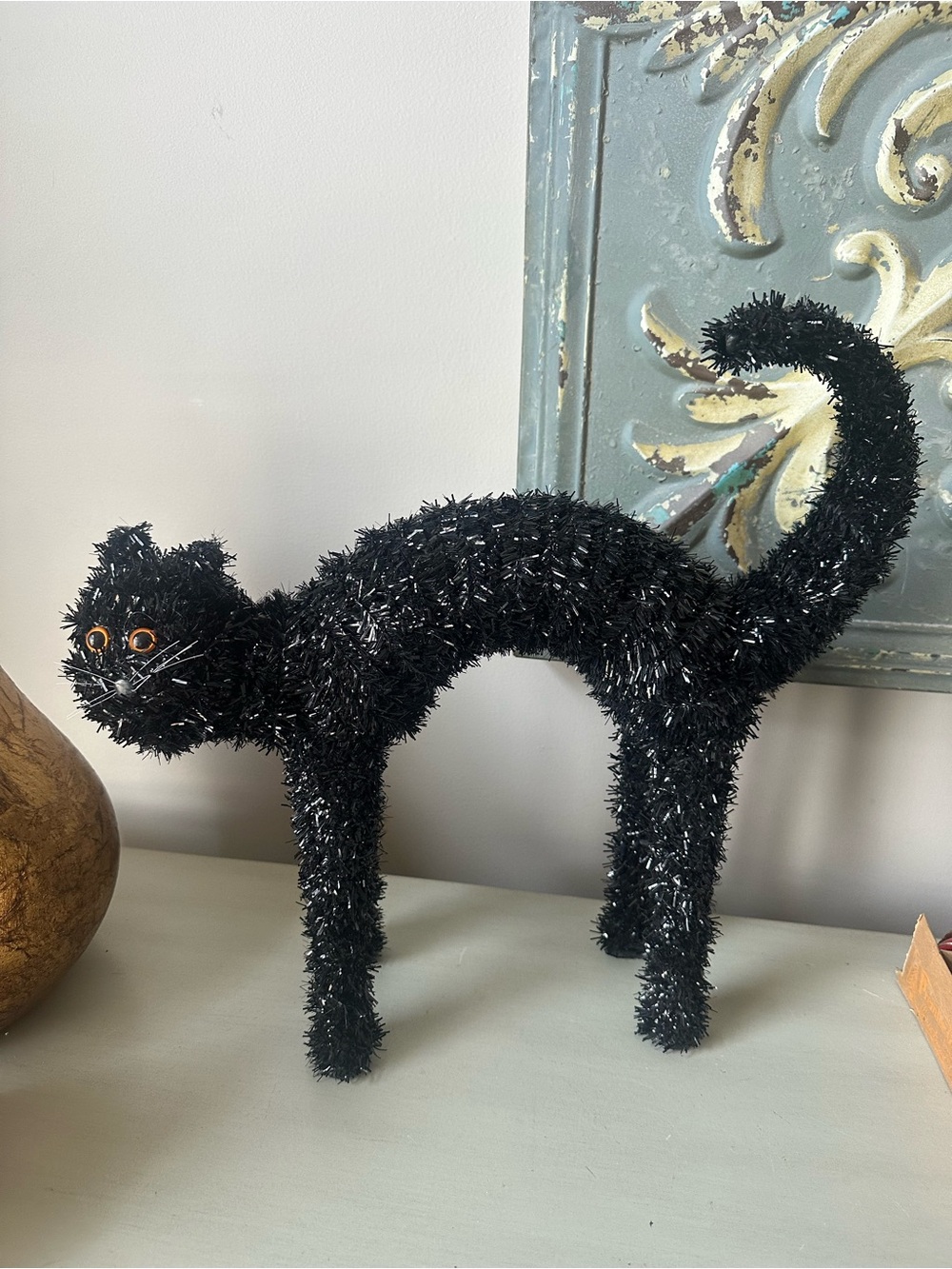 Vintage tinsel black cat Halloween decor orange eyes